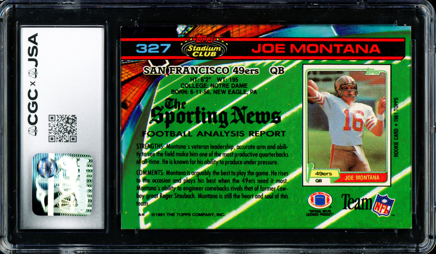 Joe Montana Autographed 1991 Stadium Club Card #327 San Francisco 49ers Auto Grade Gem Mint 10 CGC x JSA #6078171088