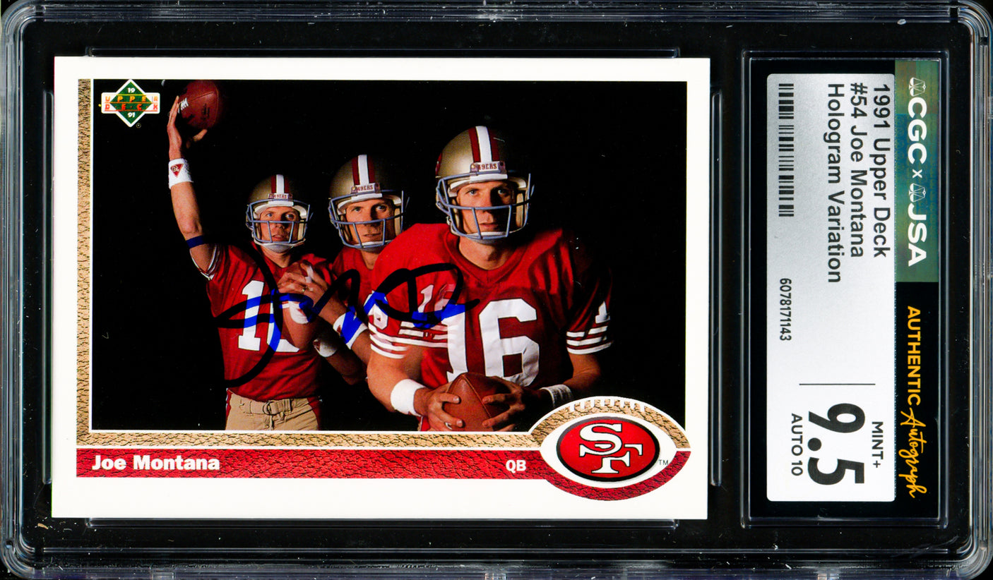 Joe Montana Autographed 1991 Upper Deck Hologram Variation Card #54 San Francisco 49ers Card Grade 9.5 Auto Grade Gem Mint 10 CGC x JSA #6078171143