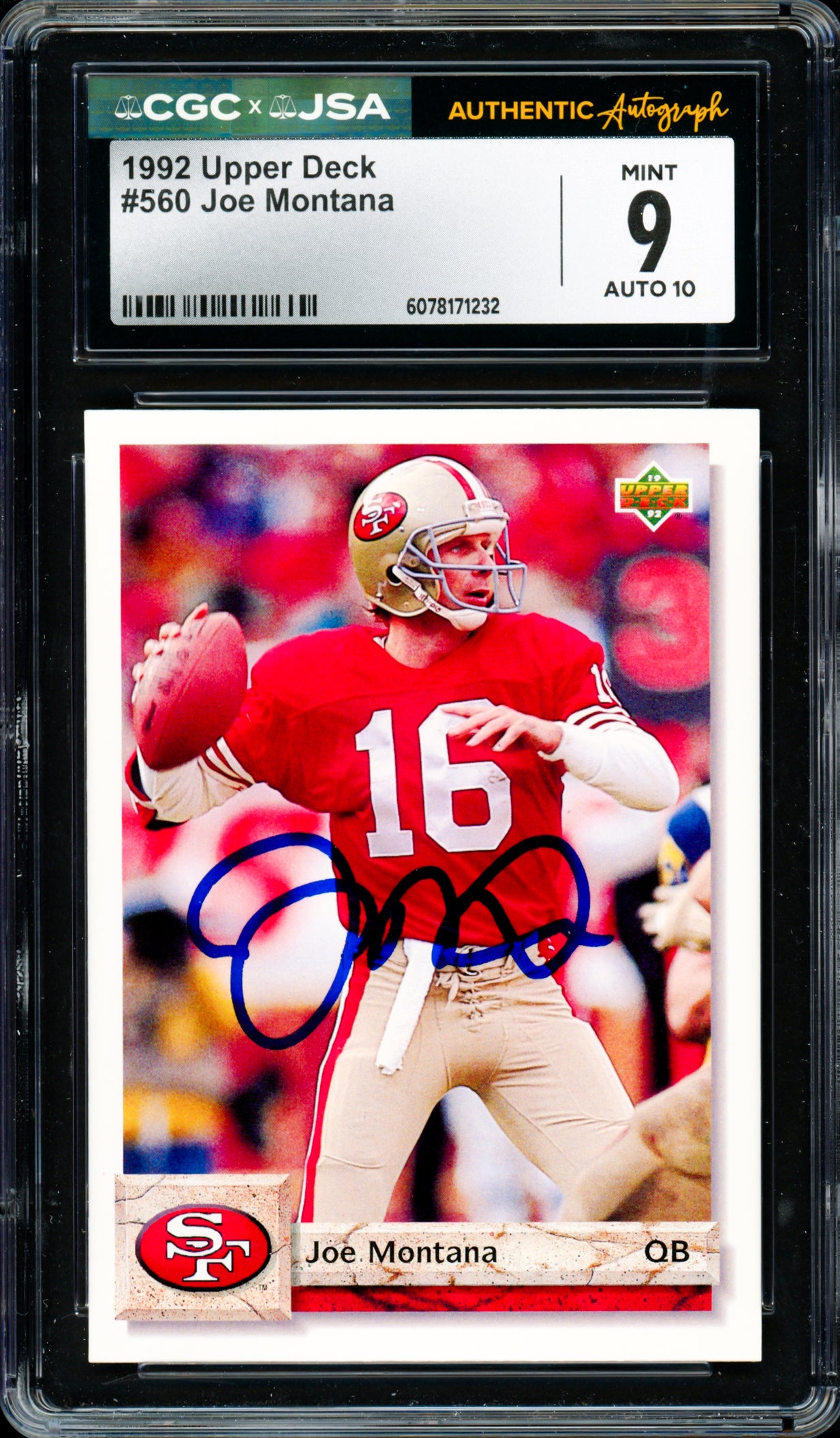 Joe Montana Autographed 1992 Upper Deck Card #560 San Francisco 49ers Card Grade 9 Auto Grade Gem Mint 10 CGC x JSA #6078171232