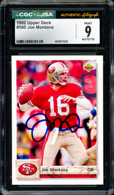 Joe Montana Autographed 1992 Upper Deck Card #560 San Francisco 49ers Card Grade 9 Auto Grade Gem Mint 10 CGC x JSA #6078171232