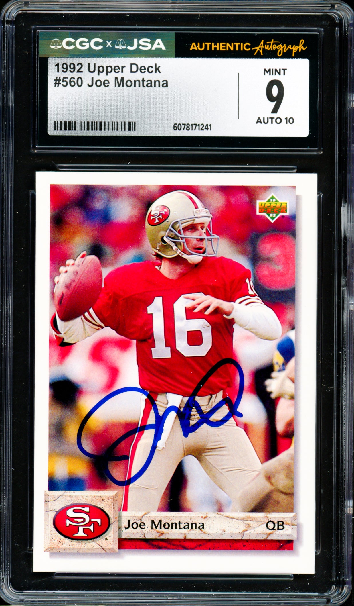 Joe Montana Autographed 1992 Upper Deck Card #560 San Francisco 49ers Card Grade 9 Auto Grade Gem Mint 10 CGC x JSA #6078171241