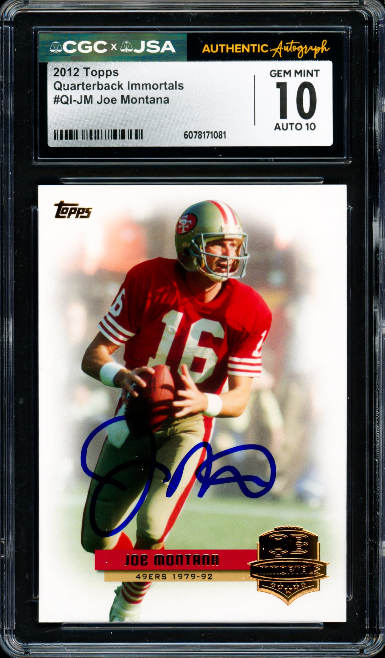 Joe Montana Autographed 2012 Topps QB Immortals Card #QI-JM San Francisco 49ers Card Grade 10 Auto Grade Gem Mint 10 CGC x JSA #6078171081