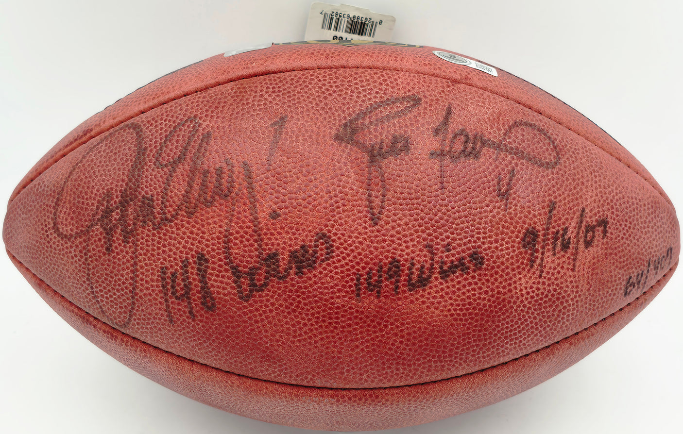 Brett Favre & John Elway Autographed Football "149 wins, 148 wins" Beckett BAS #AE49026