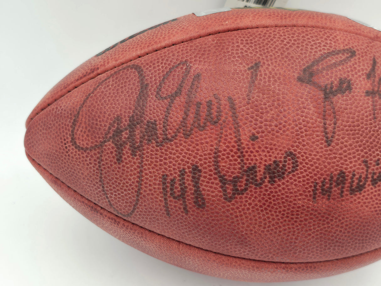 Brett Favre & John Elway Autographed Football "149 wins, 148 wins" Beckett BAS #AE49026