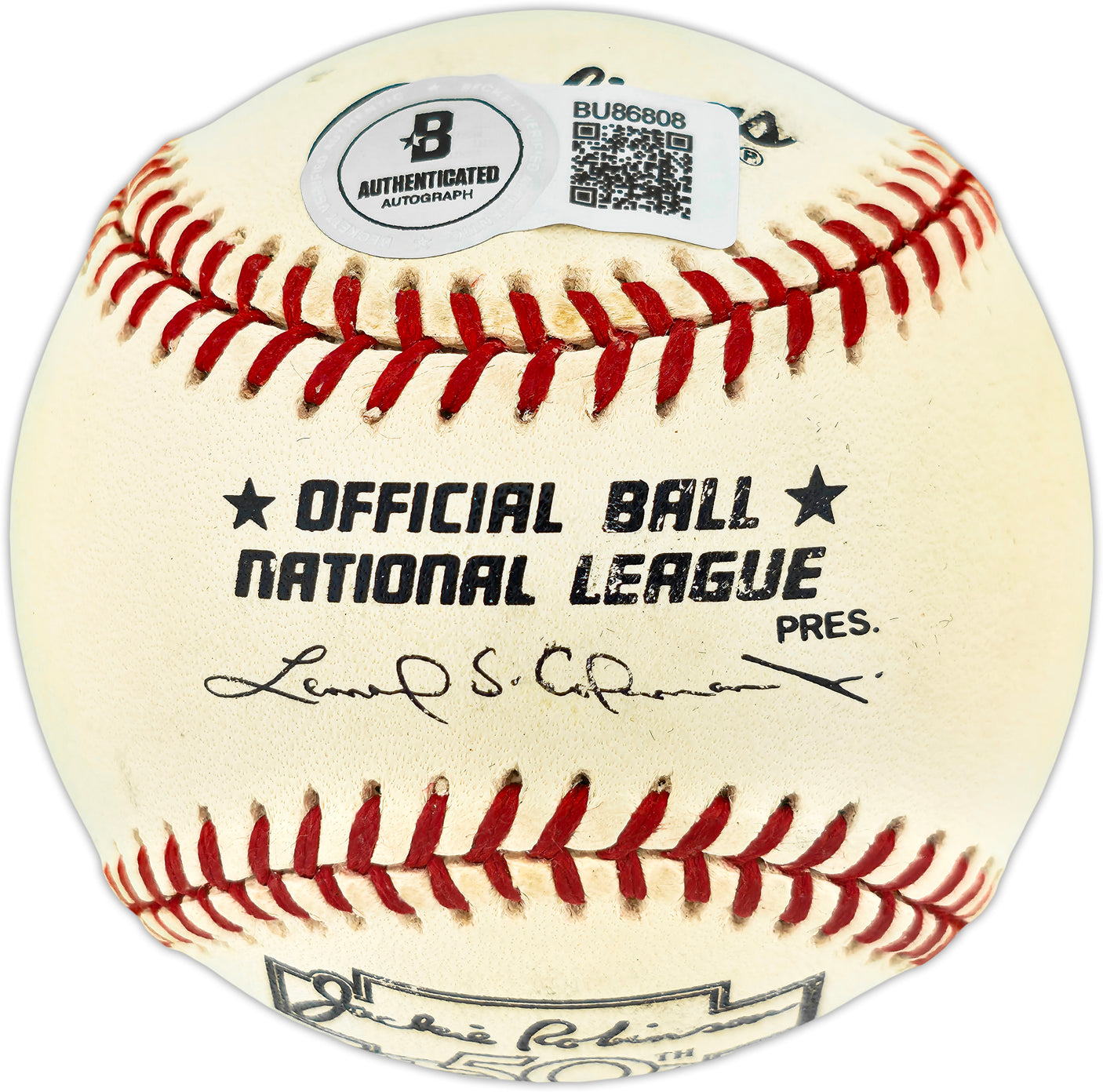 Johnny Podres Autographed Official Jackie Robinson NL Baseball Brooklyn Dodgers "55 WS MVP" Beckett BAS QR #BU86808