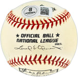 Johnny Podres Autographed Official Jackie Robinson NL Baseball Brooklyn Dodgers "55 WS MVP" Beckett BAS QR #BU86808