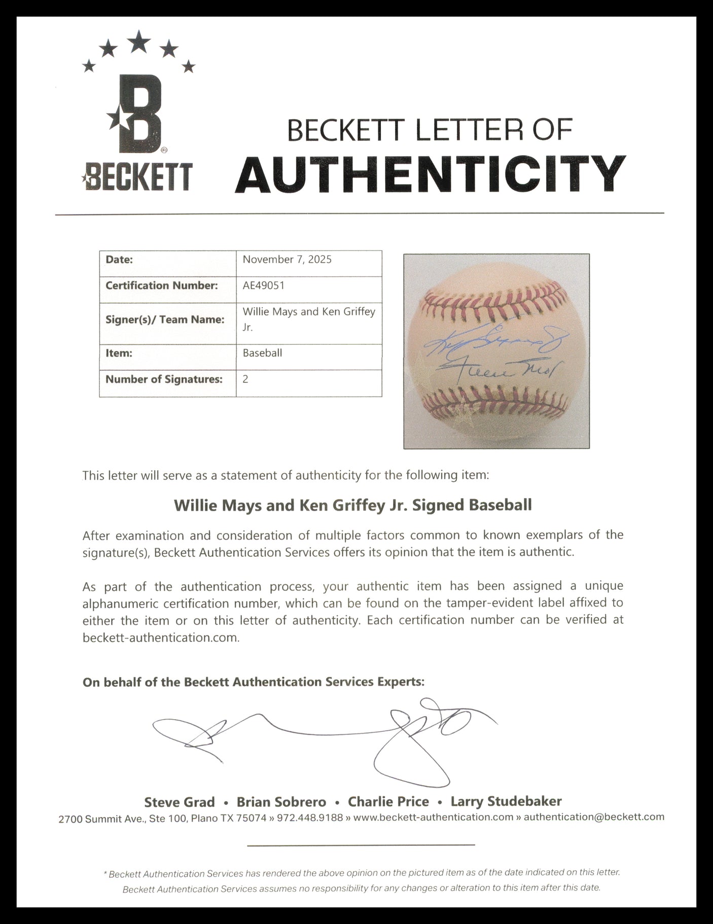 Willie Mays & Ken Griffey Jr. Autographed Official NL Baseball Beckett BAS #AE49051