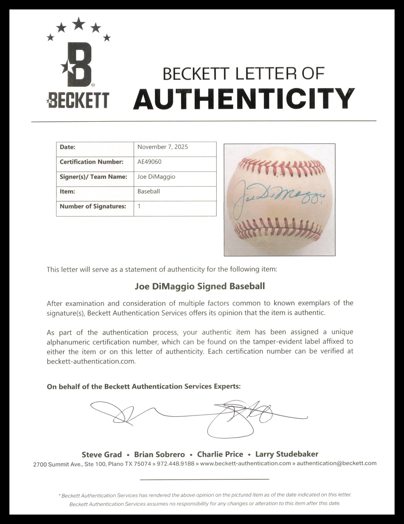 Joe Dimaggio Autographed Official AL Baseball New York Yankees Beckett BAS #AE49060