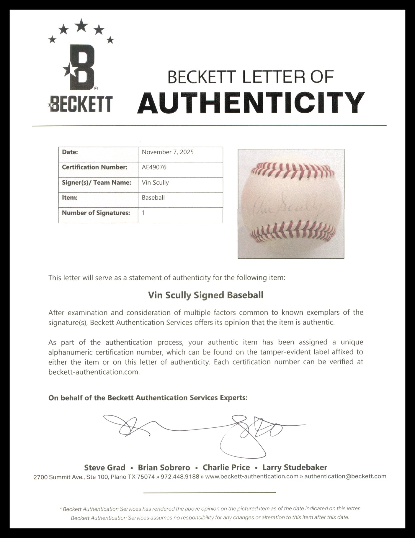 Vin Scully Autographed Official Professional League Baseball Los Angeles Dodgers Beckett BAS #AE49076