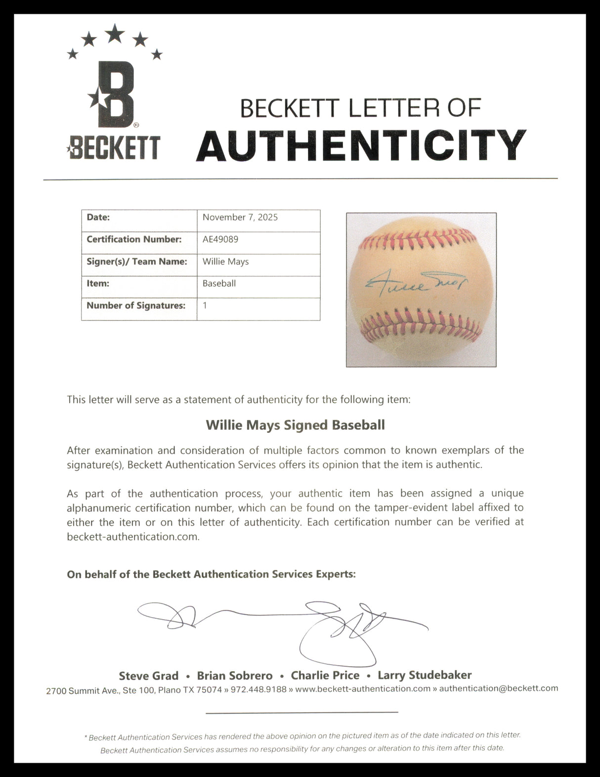 Willie Mays Autographed Official NL Baseball San Francisco Giants Beckett BAS #AE49089