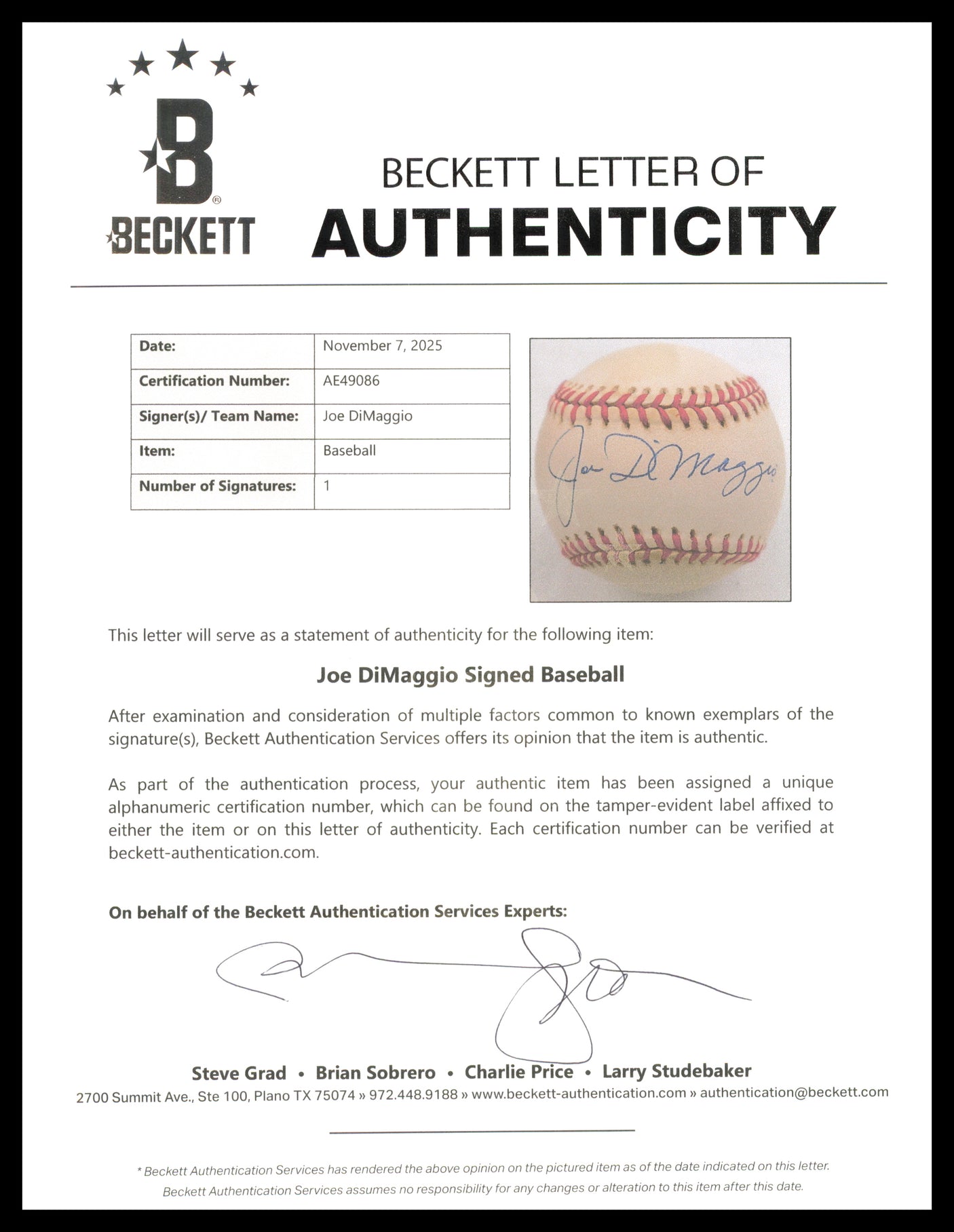 Joe Dimaggio Autographed Official AL Baseball New York Yankees Beckett BAS #AE49086