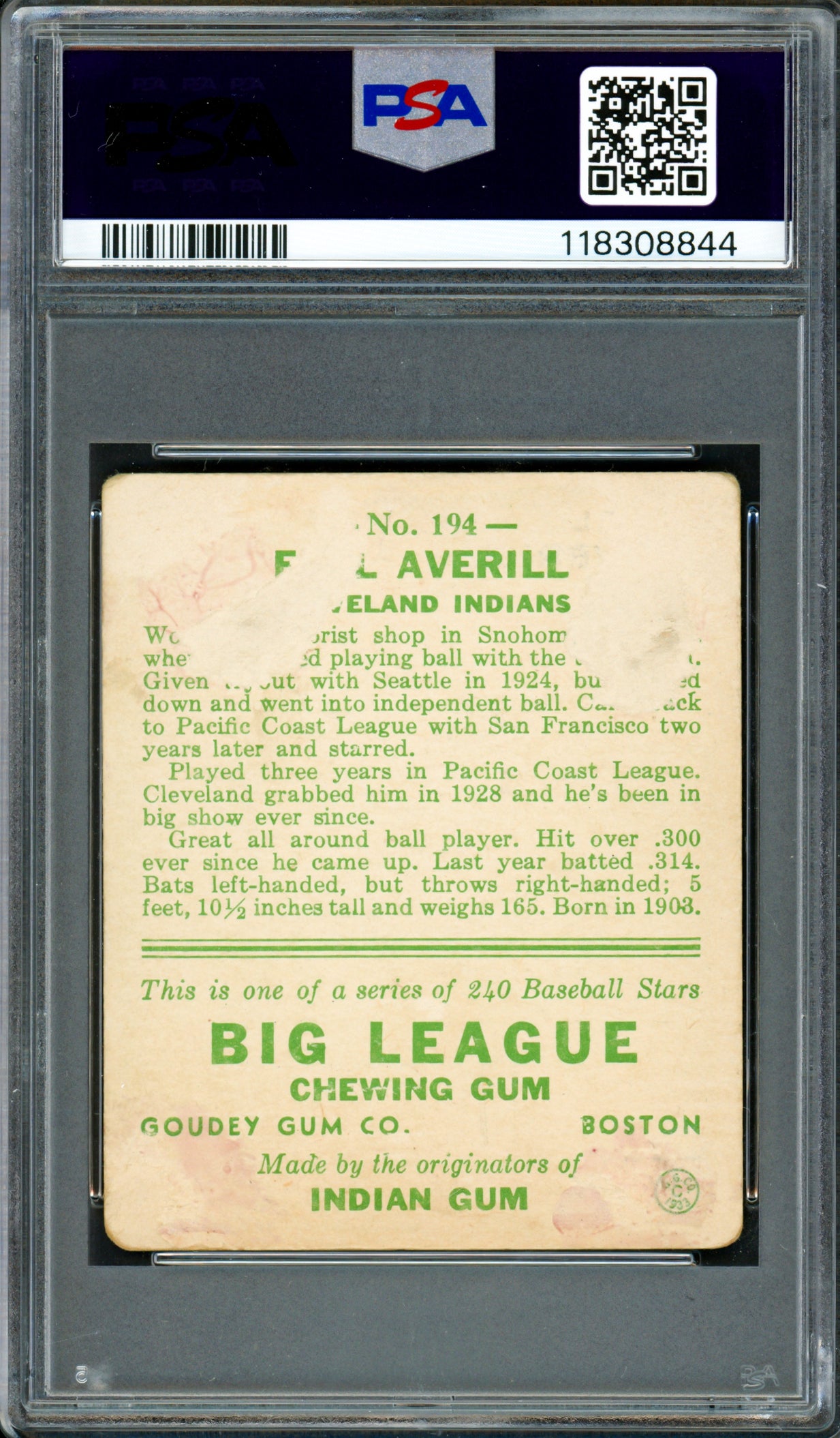 Earl Averill Autographed 1933 Goudey Rookie Card #194 Cleveland Indians PSA 1 Auto Grade Mint 9 PSA/DNA #118308844