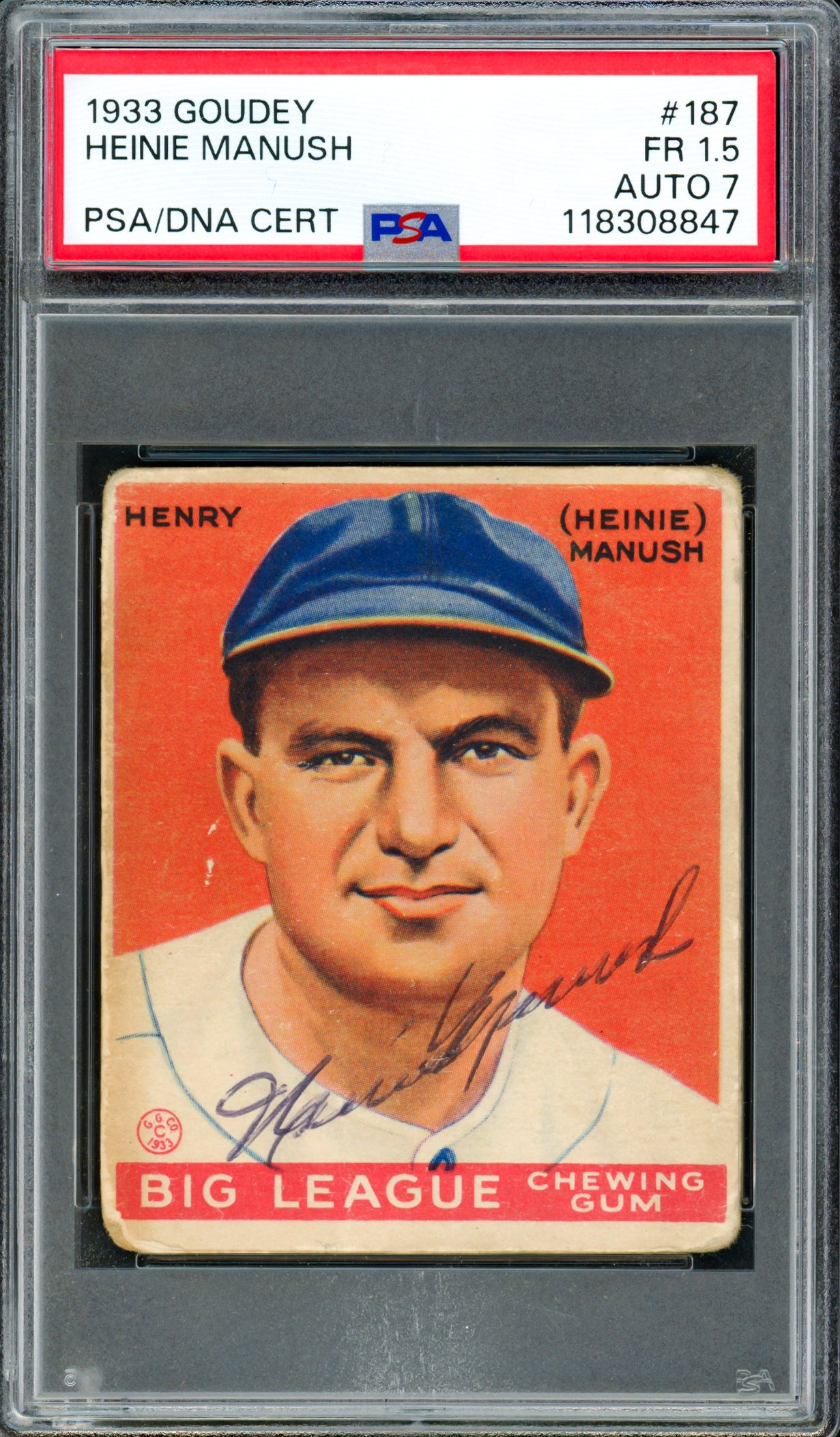 Heinie Manush Autographed 1933 Goudey Rookie Card #187 Washington Senators PSA 1.5 Auto Grade 7 PSA/DNA #118308847