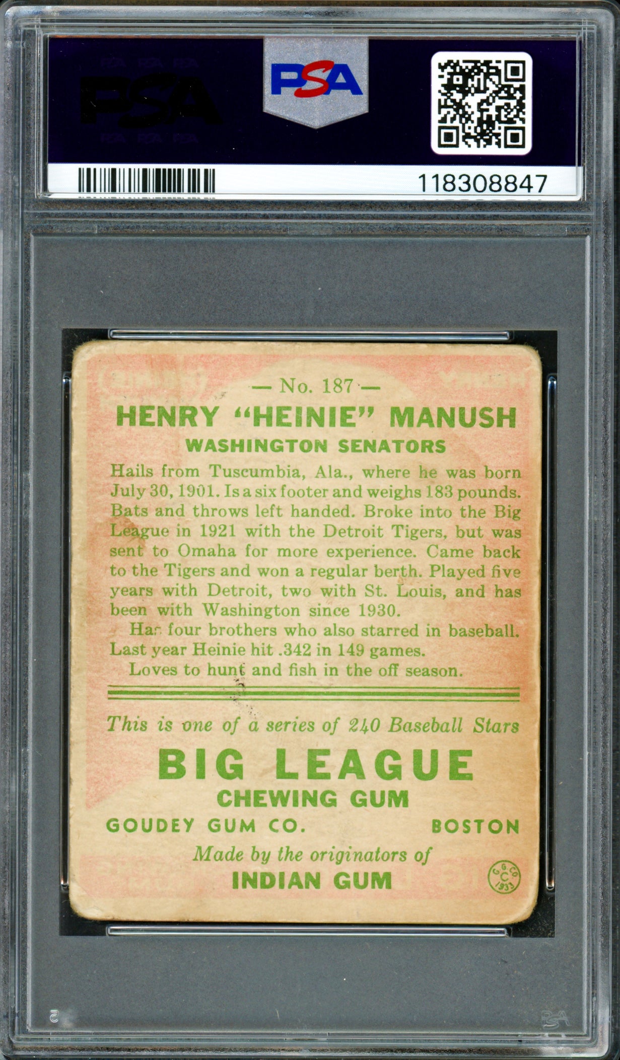 Heinie Manush Autographed 1933 Goudey Rookie Card #187 Washington Senators PSA 1.5 Auto Grade 7 PSA/DNA #118308847