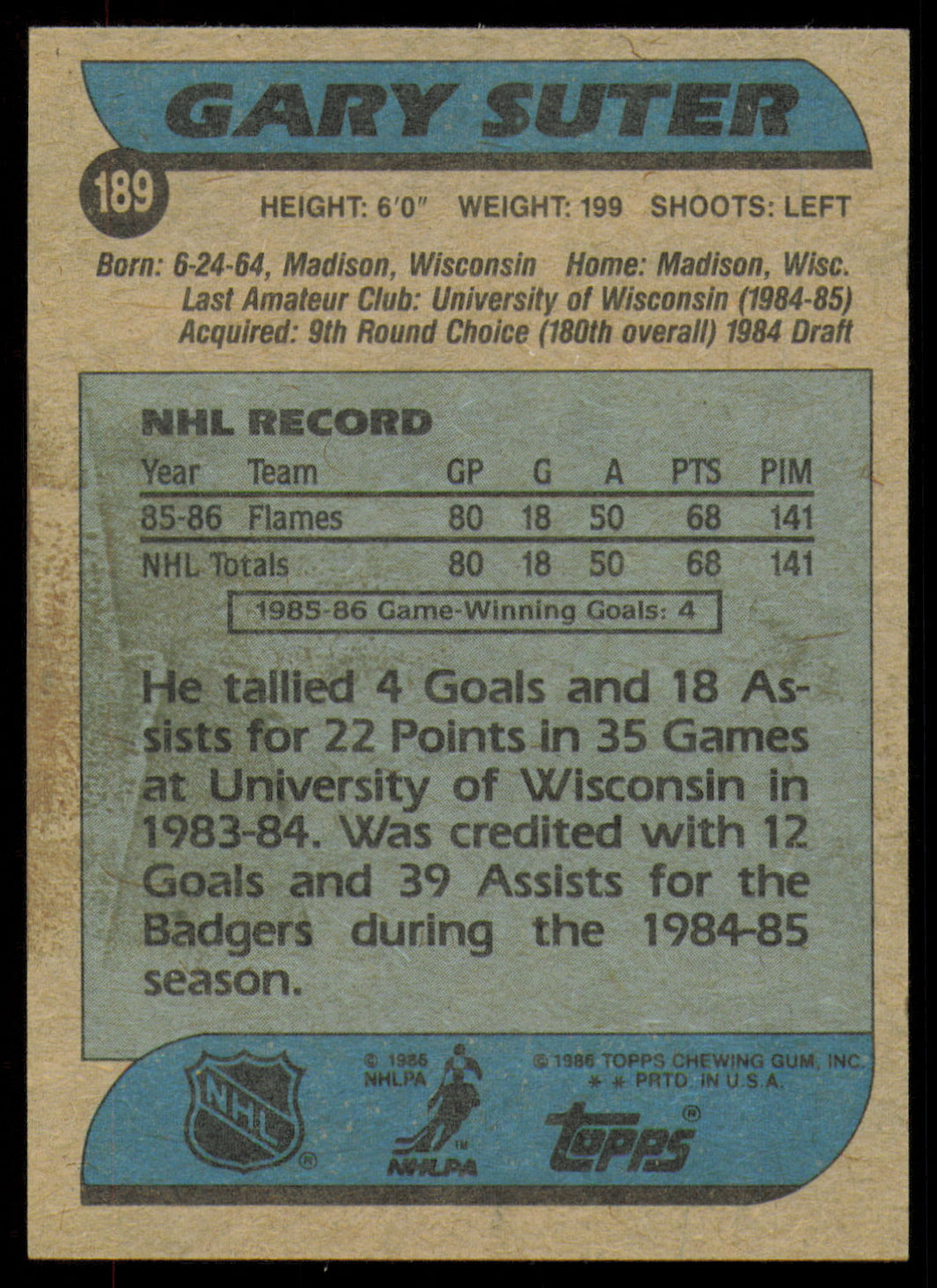 Gary Suter Autographed 1986-87 Topps Rookie Card #189 Calgary Flames SKU #254797