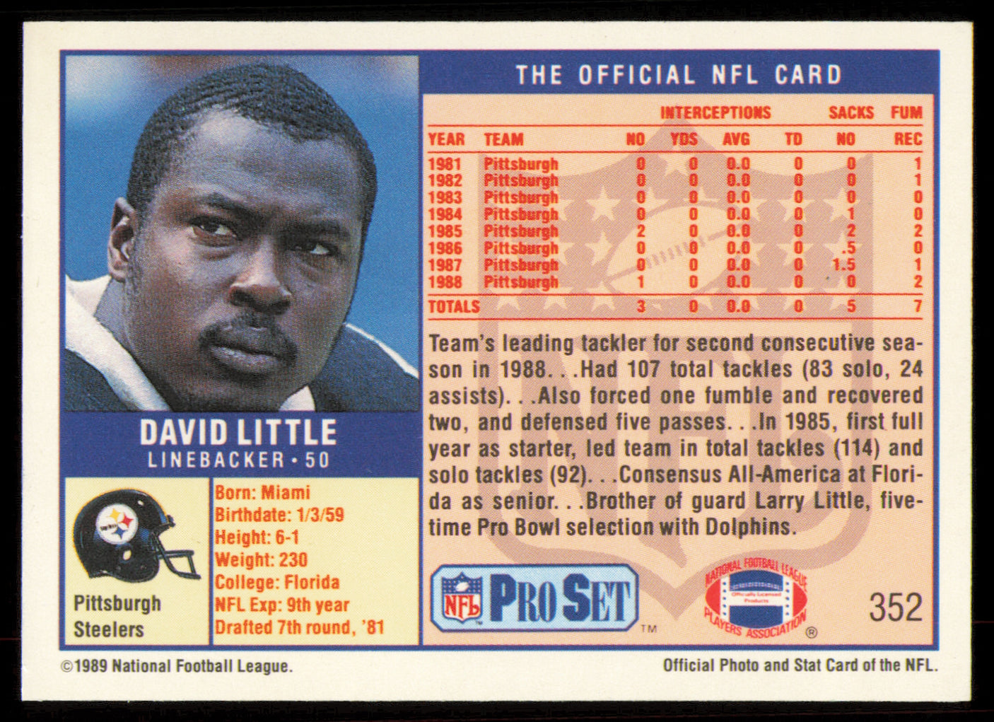 David Little Autographed 1989 Pro Set Card #352 Pittsburgh Steelers SKU #254892