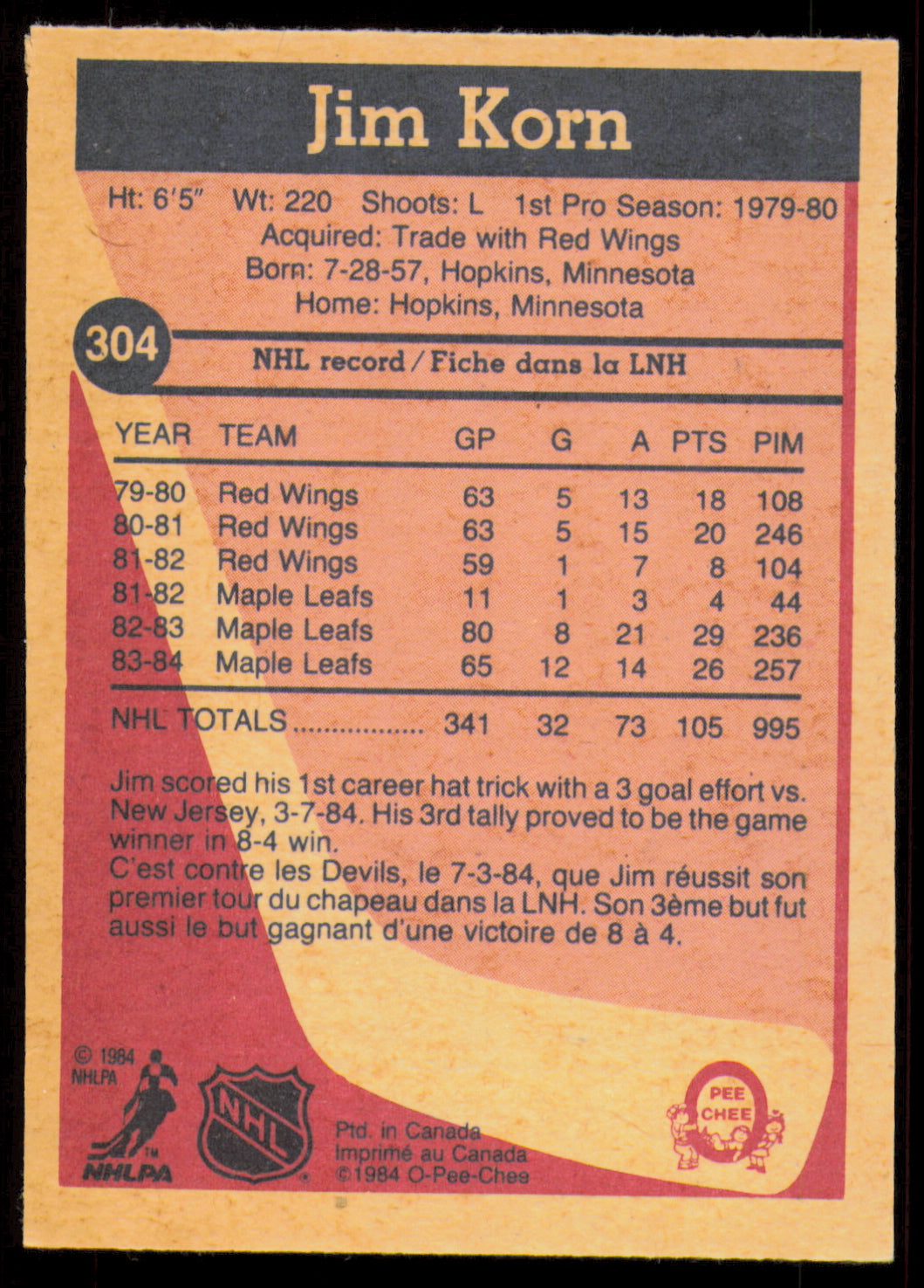 Jim Korn Autographed 1984-85 O-Pee-Chee Card #304 Toronto Maple Leafs SKU #255058