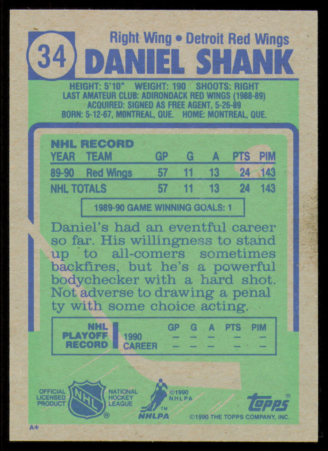 Daniel Shank Autographed 1990-91 Topps Rookie Card #34 Detroit Red Wings SKU #255153