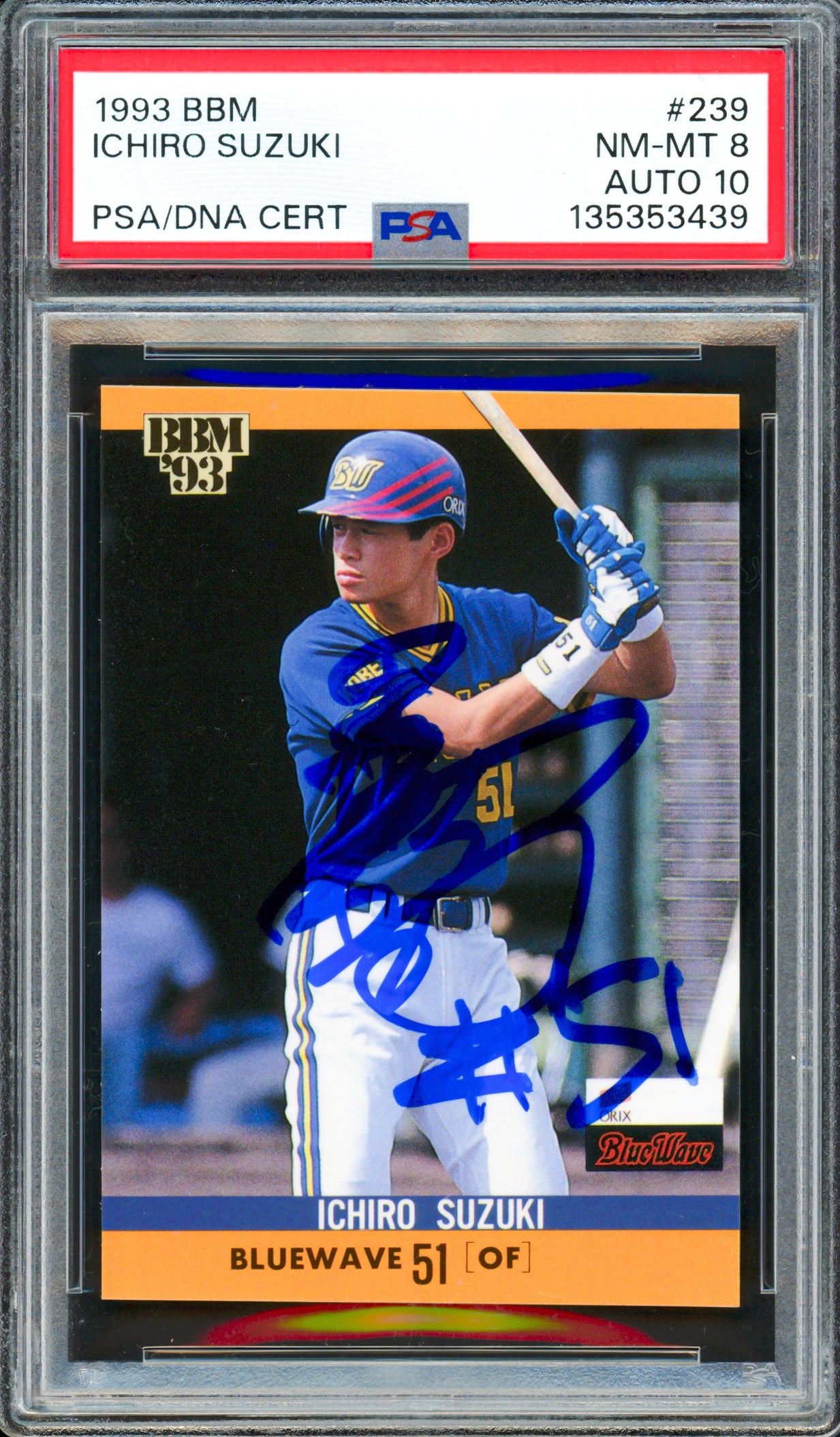 Ichiro Suzuki Autographed 1993 BBM Rookie Card #239 Seattle Mariners PSA 8 Auto Grade Gem Mint 10 "#51" Signed In Kanji PSA/DNA #135353439