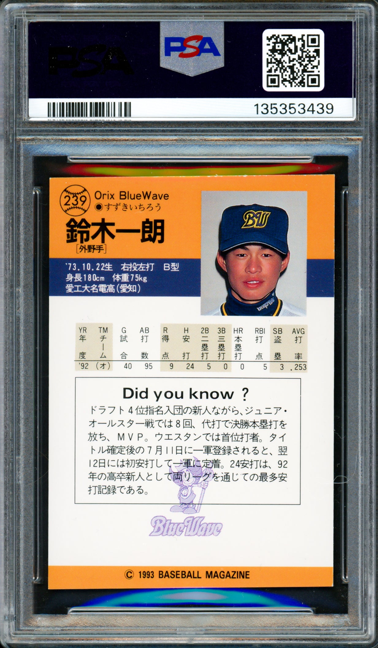 Ichiro Suzuki Autographed 1993 BBM Rookie Card #239 Seattle Mariners PSA 8 Auto Grade Gem Mint 10 "#51" Signed In Kanji PSA/DNA #135353439