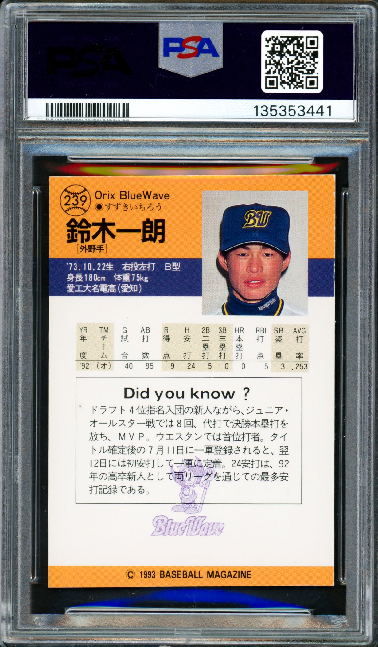 Ichiro Suzuki Autographed 1993 BBM Rookie Card #239 Seattle Mariners PSA 7 Auto Grade Gem Mint 10 "#51" Signed In Kanji PSA/DNA #135353441