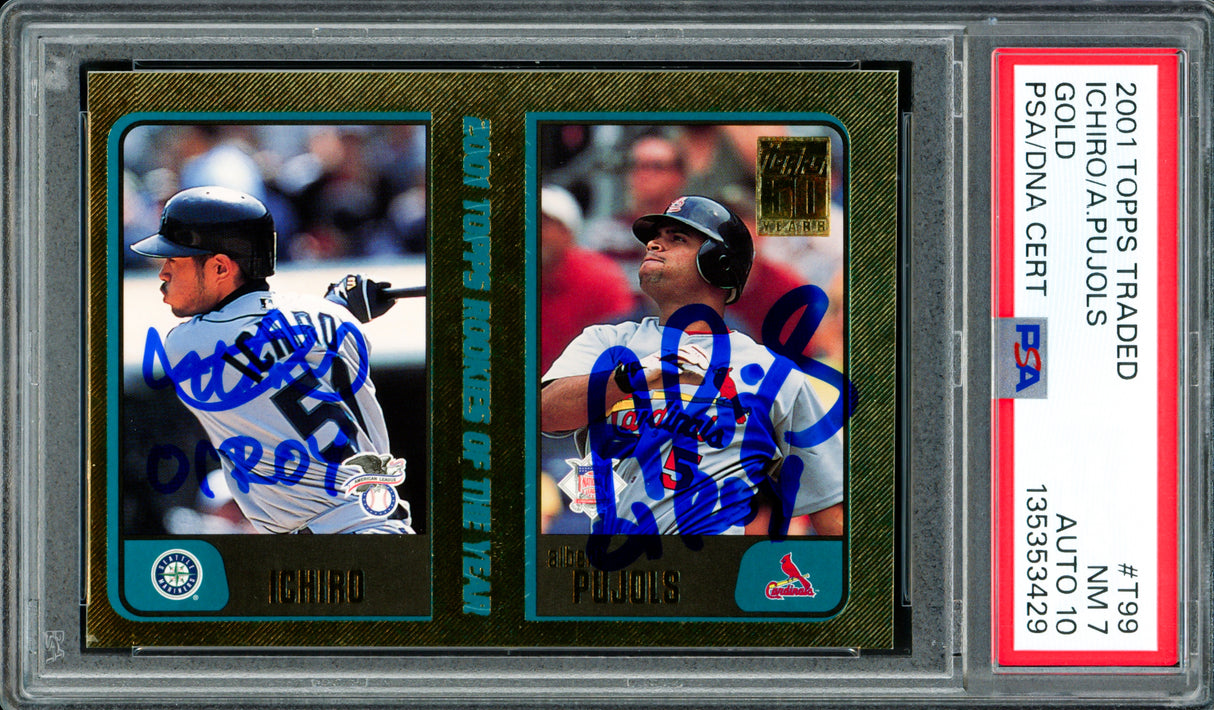 Ichiro Suzuki & Albert Pujols Autographed 2001 Topps Traded Gold Rookie Card #T99 PSA 7 Auto Grade Gem Mint 10 "01 ROY" #529/2001 PSA/DNA #135353429