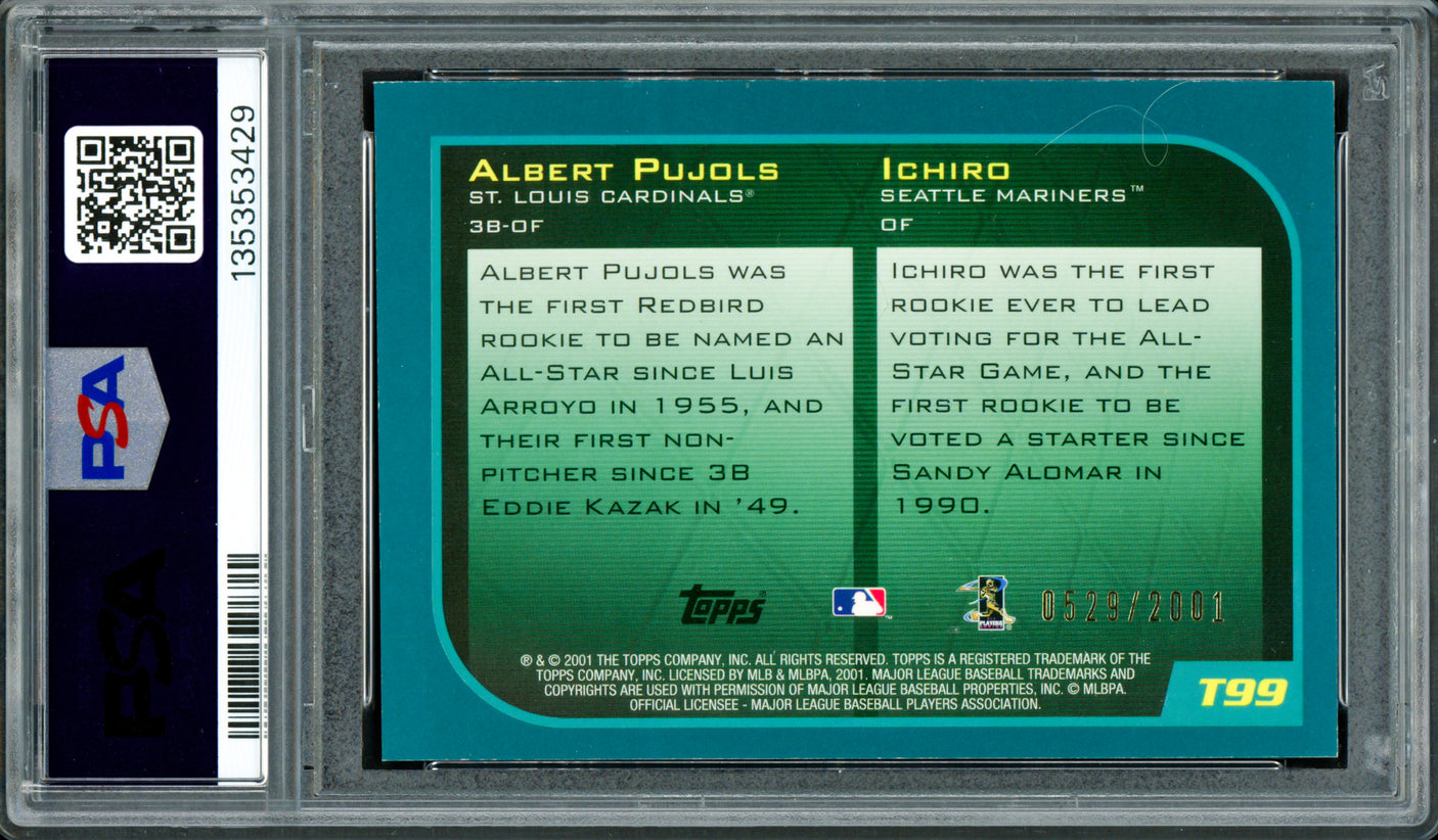 Ichiro Suzuki & Albert Pujols Autographed 2001 Topps Traded Gold Rookie Card #T99 PSA 7 Auto Grade Gem Mint 10 "01 ROY" #529/2001 PSA/DNA #135353429
