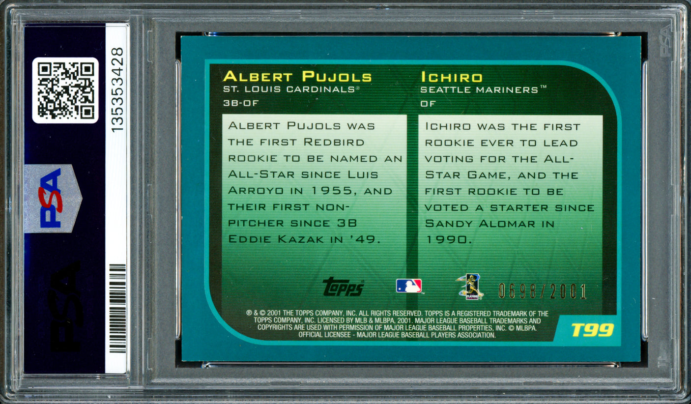 Ichiro Suzuki & Albert Pujols Autographed 2001 Topps Traded Gold Rookie Card #T99 PSA 7 Auto Grade Gem Mint 10 "01 ROY" #698/2001 PSA/DNA #135353428