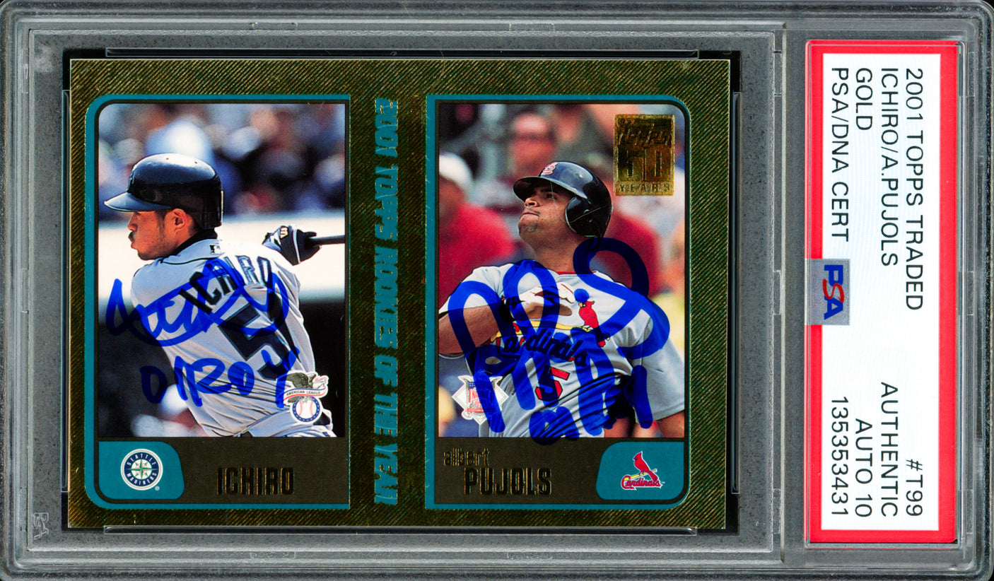 Ichiro Suzuki & Albert Pujols Autographed 2001 Topps Traded Gold Rookie Card #T99 Auto Grade Gem Mint 10 "01 ROY" #541/2001 PSA/DNA #135353431