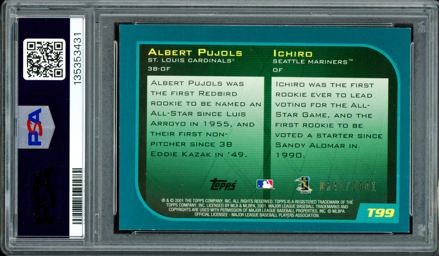 Ichiro Suzuki & Albert Pujols Autographed 2001 Topps Traded Gold Rookie Card #T99 Auto Grade Gem Mint 10 "01 ROY" #541/2001 PSA/DNA #135353431