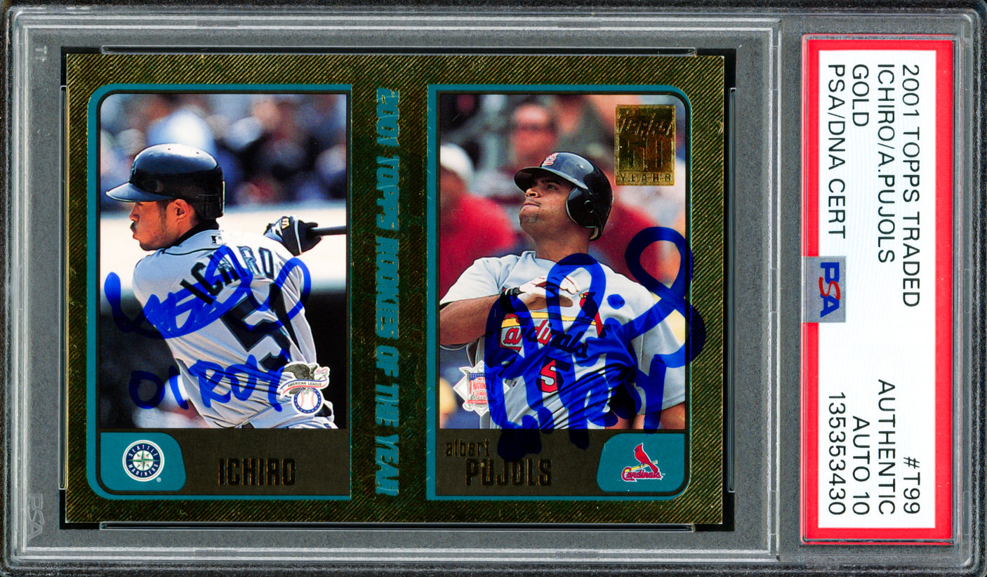 Ichiro Suzuki & Albert Pujols Autographed 2001 Topps Traded Gold Rookie Card #T99 Auto Grade Gem Mint 10 "01 ROY" #1099/2001 PSA/DNA #135353430