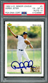 Derek Jeter Autographed 1992 Upper Deck Minor League Rookie Card #5 New York Yankees PSA 6 Auto Grade Gem Mint 10 PSA/DNA #41038661