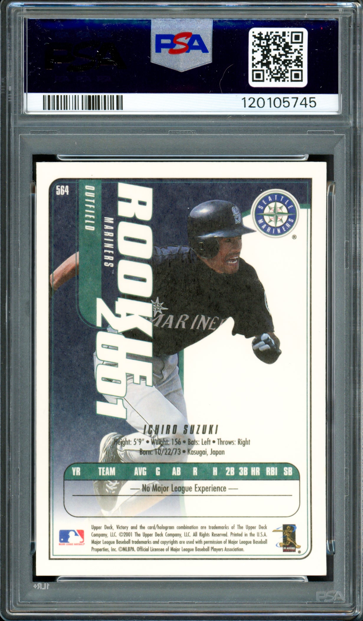 Ichiro Suzuki Autographed 2001 Upper Deck Victory Rookie Card #564 Seattle Mariners PSA 7 Auto Grade Gem Mint 10 PSA/DNA #120105745
