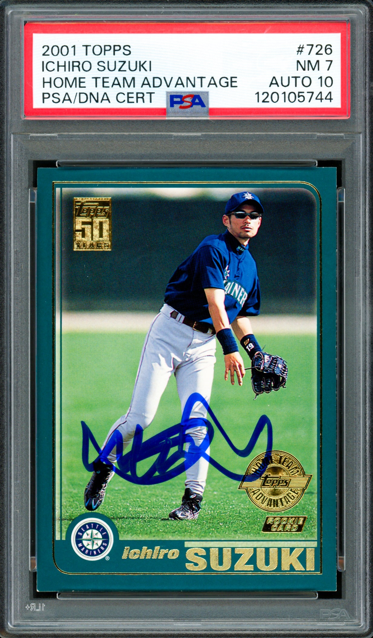 Ichiro Suzuki Autographed 2001 Topps Advantage Rookie Card #726 Seattle Mariners PSA 7 Auto Grade Gem Mint 10 PSA/DNA #120105744