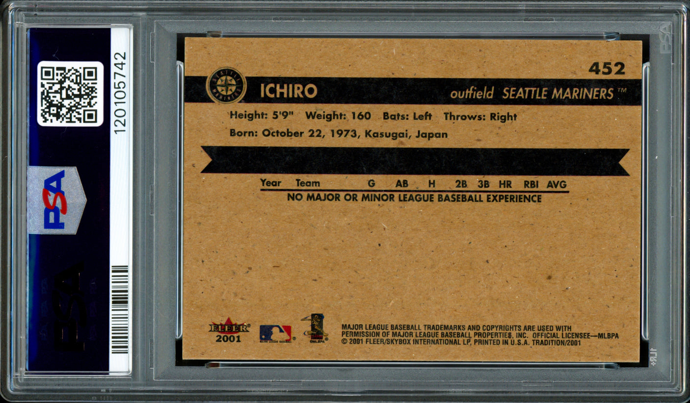 Ichiro Suzuki Autographed 2001 Fleer Rookie Card #452 Seattle Mariners PSA 8 Auto Grade Gem Mint 10 PSA/DNA #120105742