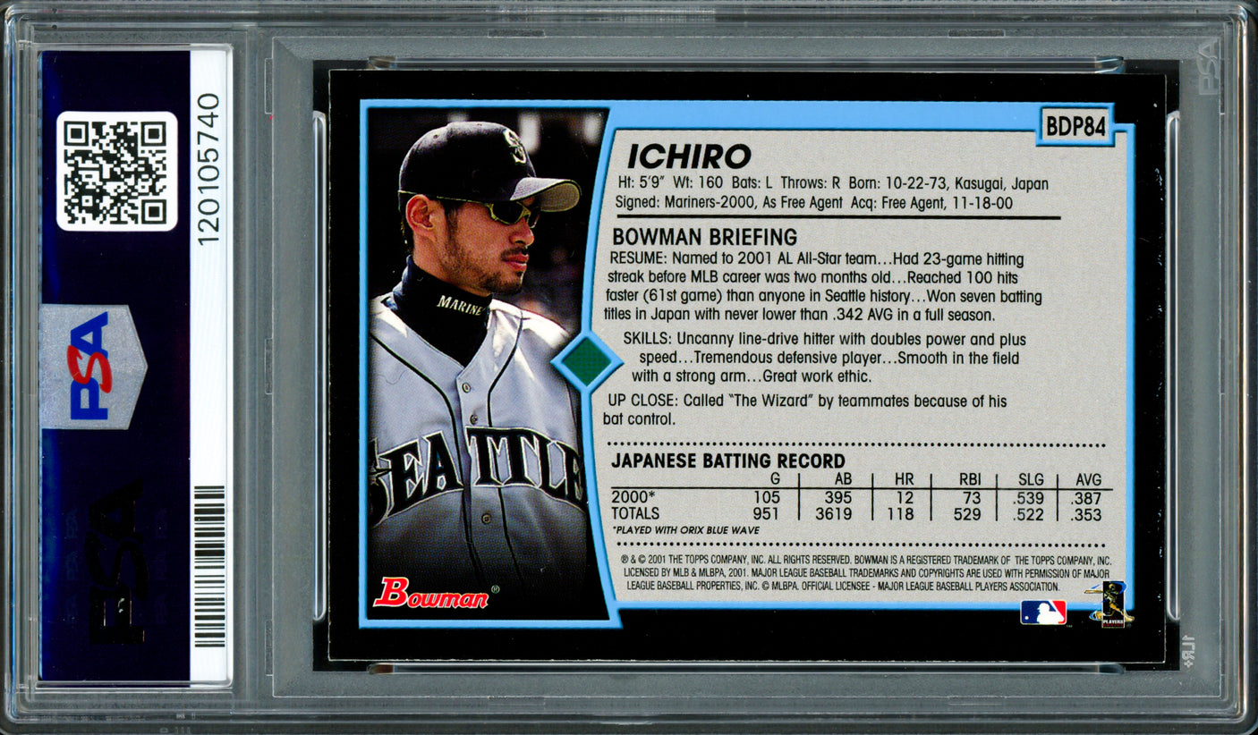 Ichiro Suzuki Autographed 2001 Bowman Draft Picks Rookie Card #84 Seattle Mariners PSA 7 Auto Grade Gem Mint 10 PSA/DNA #120105740