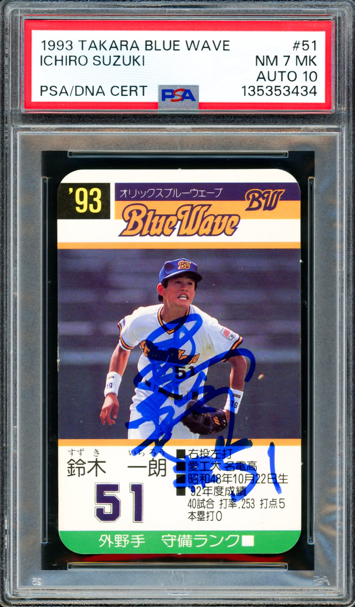 Ichiro Suzuki Autographed 1993 Takara Blue Wave Rookie Card #51 Seattle Mariners PSA 7 Auto Grade Gem Mint 10 "#51" Signed In Kanji PSA/DNA #135353434