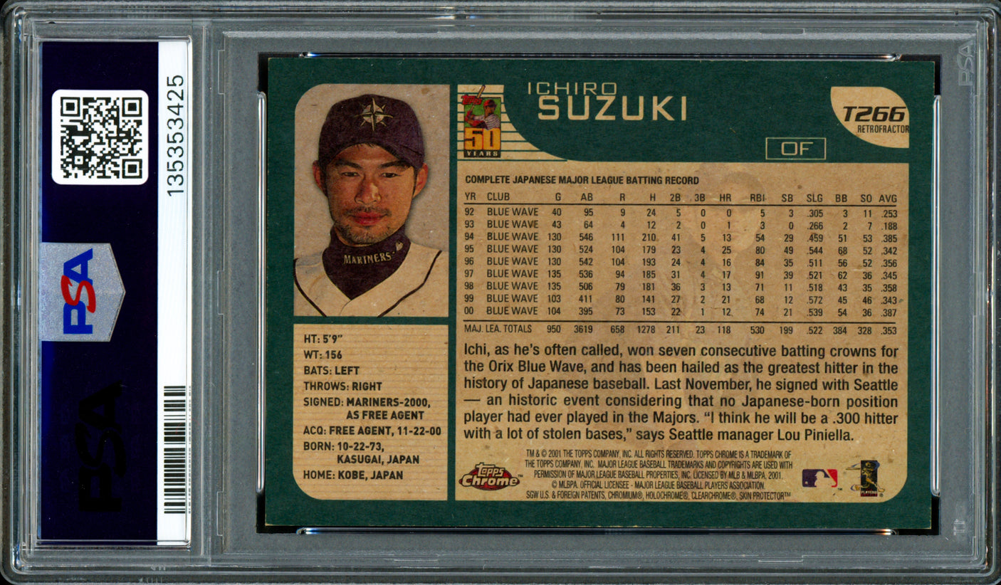 Ichiro Suzuki Autographed 2001 Topps Chrome Traded Refractor Rookie Card #T266 Seattle Mariners Auto Grade Gem Mint 10 "HOF 25" PSA/DNA #135353425