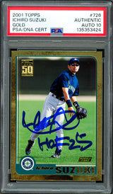 Ichiro Suzuki Autographed 2001 Topps Gold Rookie Card #726 Seattle Mariners Auto Grade Gem Mint 10 "HOF 25" PSA/DNA #135353424