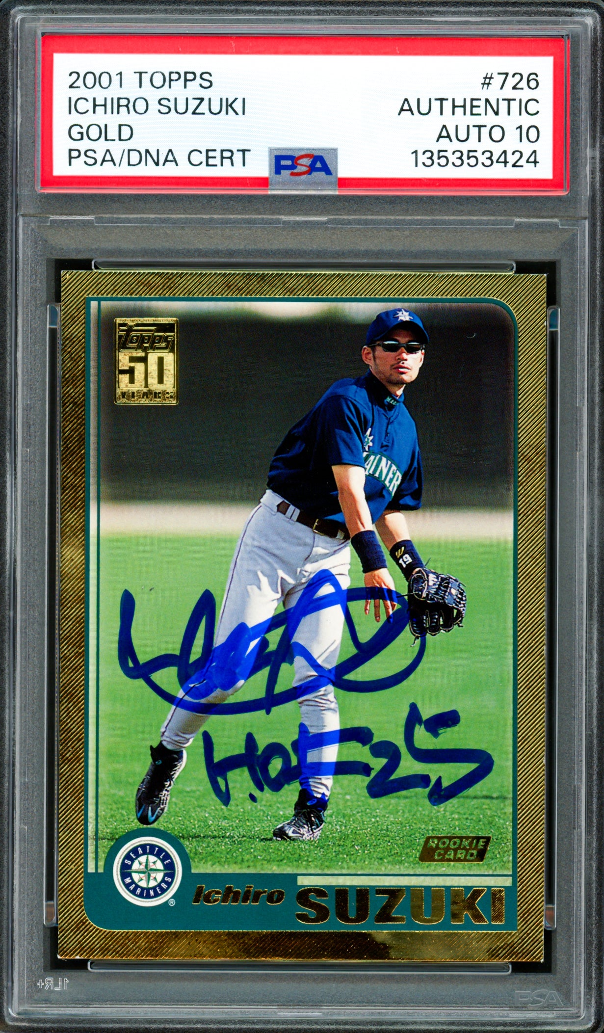 Ichiro Suzuki Autographed 2001 Topps Gold Rookie Card #726 Seattle Mariners Auto Grade Gem Mint 10 "HOF 25" PSA/DNA #135353424