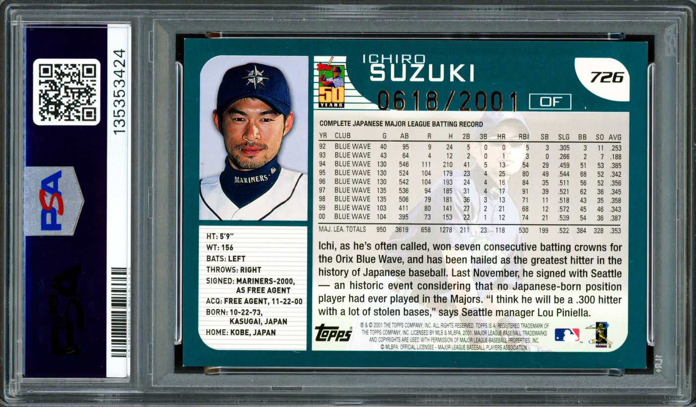 Ichiro Suzuki Autographed 2001 Topps Gold Rookie Card #726 Seattle Mariners Auto Grade Gem Mint 10 "HOF 25" PSA/DNA #135353424