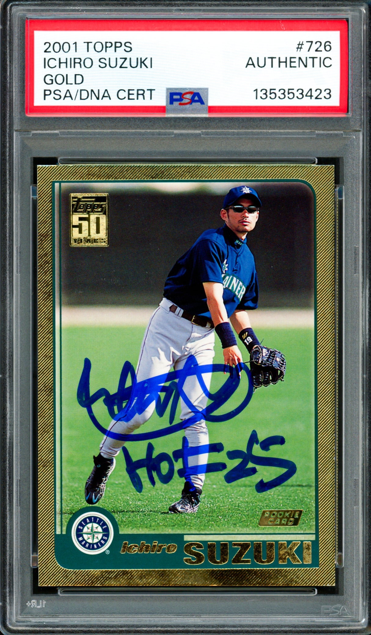 Ichiro Suzuki Autographed 2001 Topps Gold Rookie Card #726 Seattle Mariners "HOF 25" PSA/DNA #135353423