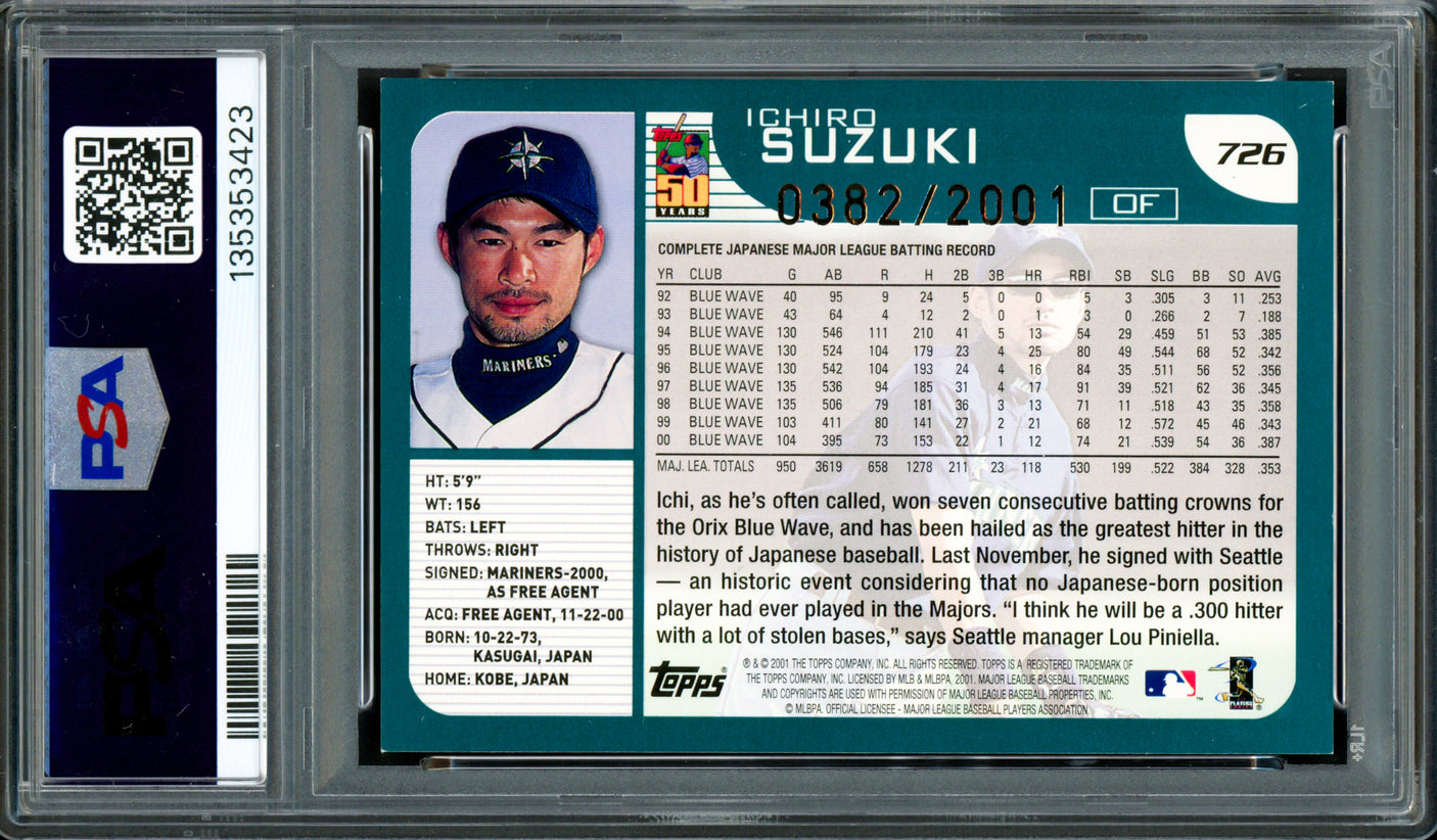 Ichiro Suzuki Autographed 2001 Topps Gold Rookie Card #726 Seattle Mariners "HOF 25" PSA/DNA #135353423