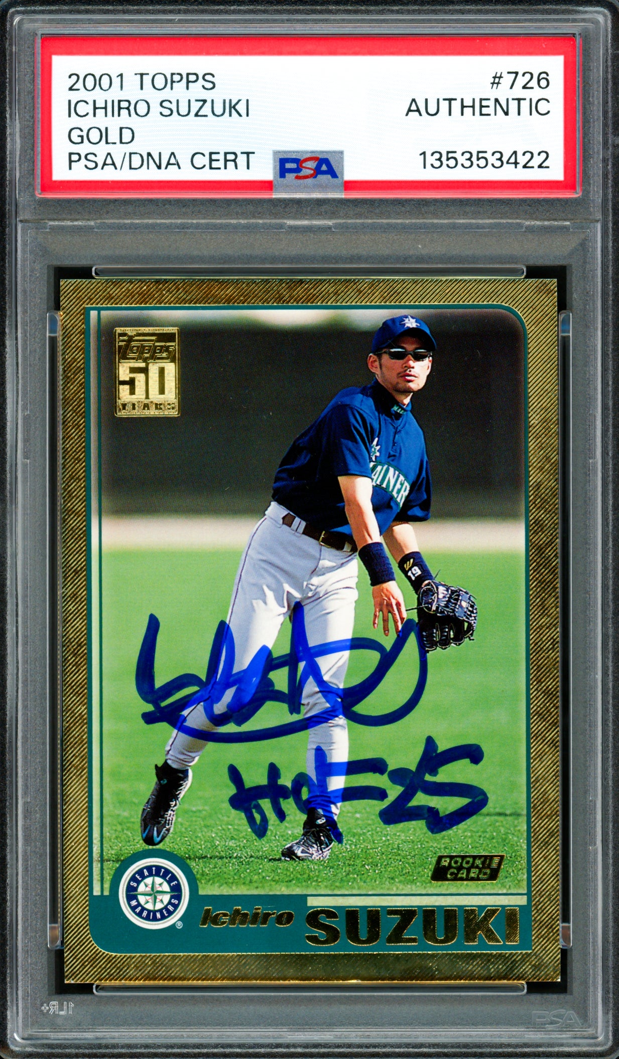 Ichiro Suzuki Autographed 2001 Topps Gold Rookie Card #726 Seattle Mariners "HOF 25" PSA/DNA #135353422