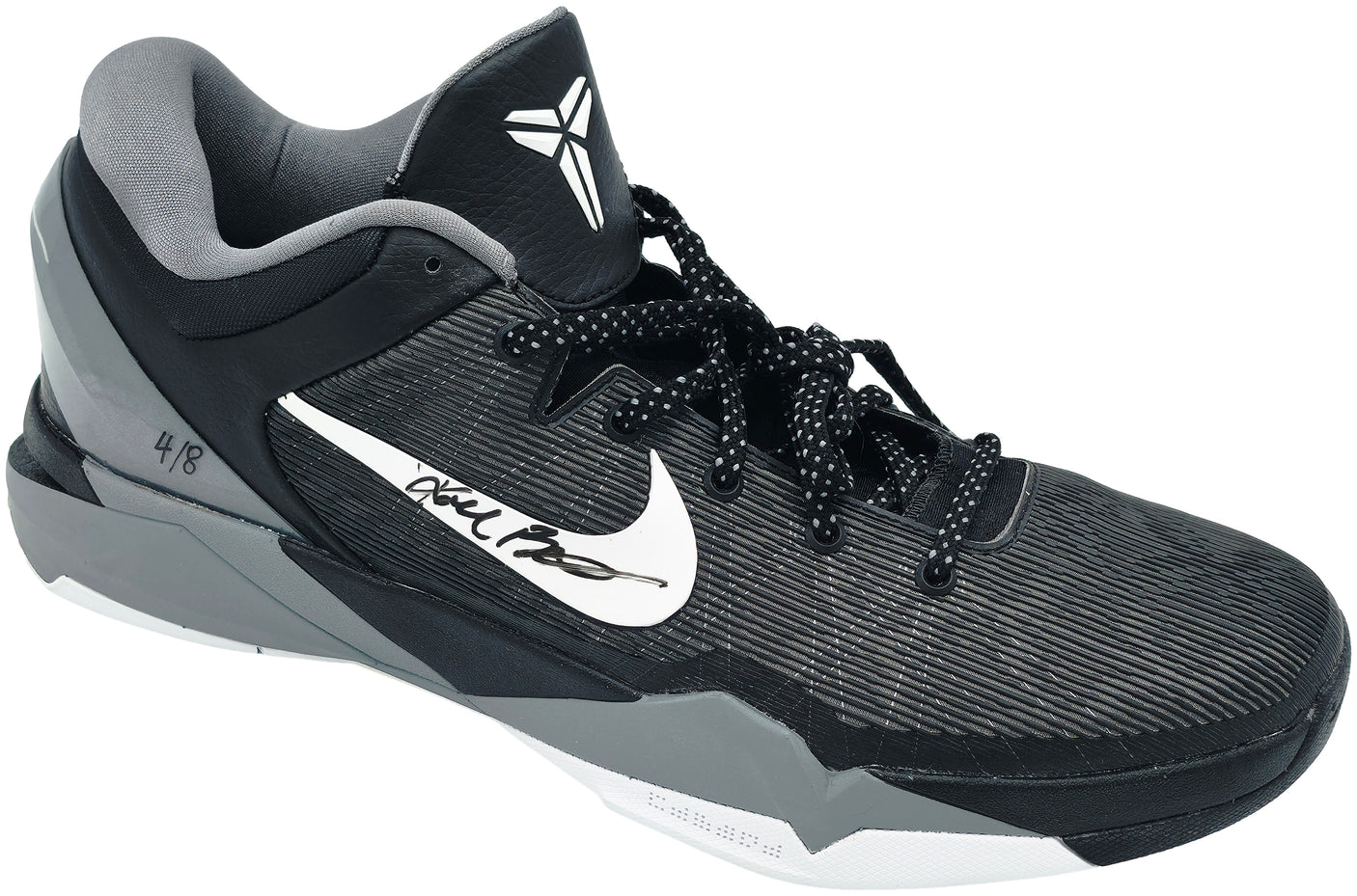 Kobe Bryant Autographed Black/Grey 2011-12 Nike Kobe VII Shoes Los Angeles Lakers (Dual Signed) Size 14 #4/8 Panini Holo #PA16640