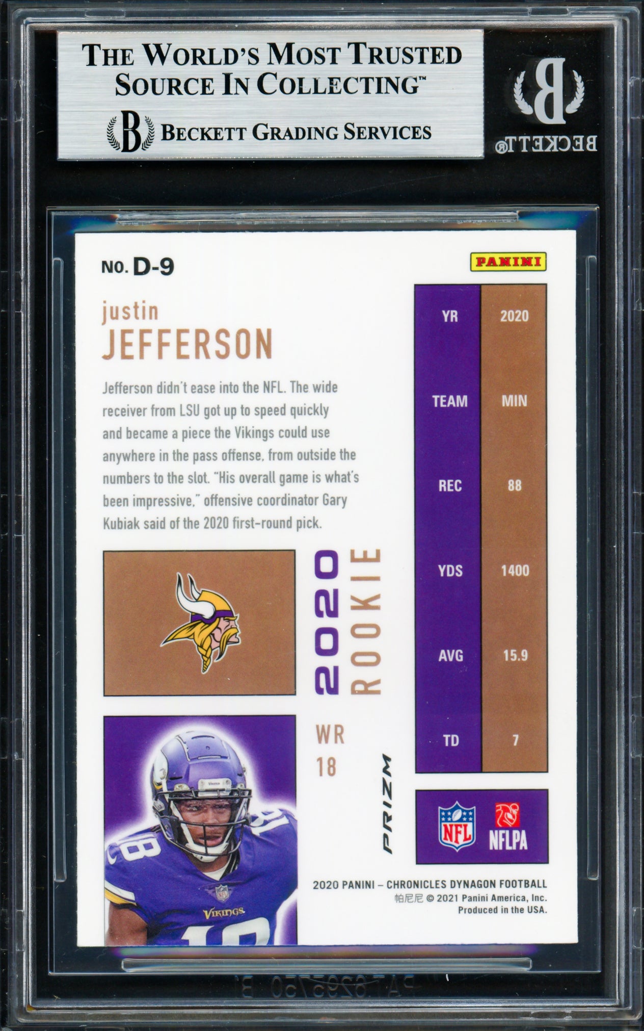Justin Jefferson Autographed 2020 Chronicles Dynagon Prizm Rookies Rookie Card #D-9 Minnesota Vikings Beckett BAS #18628776
