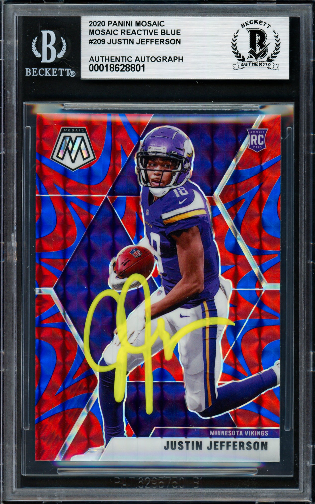 Justin Jefferson Autographed 2020 Panini Mosaic Red Prizm Rookie Card #209 Minnesota Vikings Beckett BAS #18628801