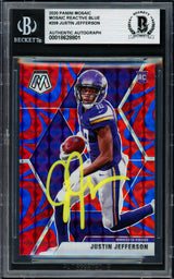 Justin Jefferson Autographed 2020 Panini Mosaic Red Prizm Rookie Card #209 Minnesota Vikings Beckett BAS #18628801