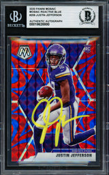 Justin Jefferson Autographed 2020 Panini Mosaic Red Prizm Rookie Card #209 Minnesota Vikings Beckett BAS #18628800