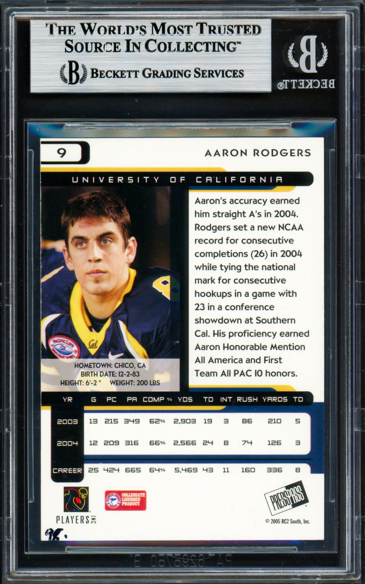 Aaron Rodgers Autographed 2005 Press Pass Rookie Card #9 Green Bay Packers Beckett BAS #18629169